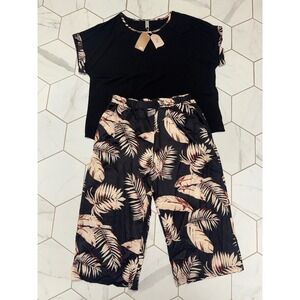 Zolucky Womens 2 Piece Set XXL Black Top Tropical Palm Leaf Wide Leg Pants NWT